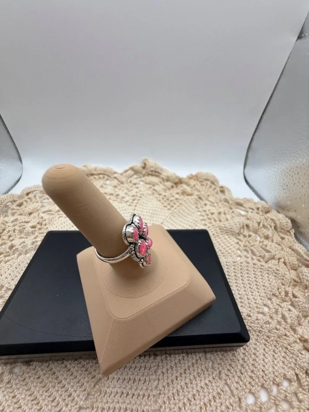 Artisan Sterling Silver Pink Balloon Opal Floral Cluster Statement Ring Sz 6.75